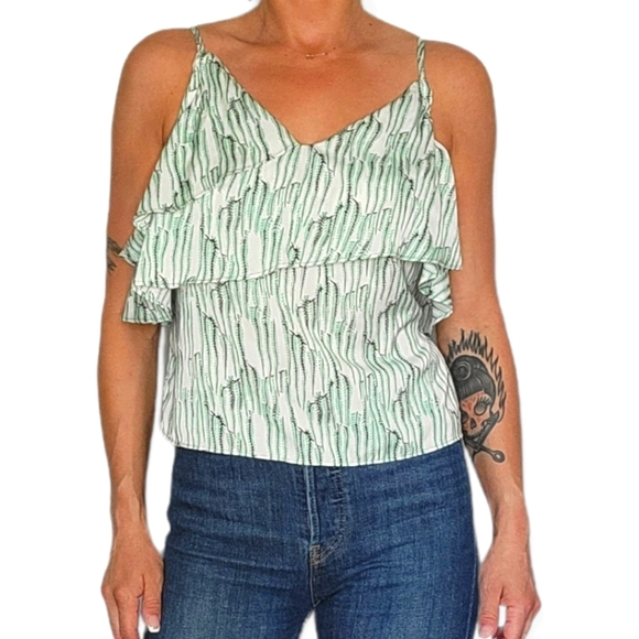 Topshop Ruffled Tank Green V Neck Size 4 - Picture 1 of 6